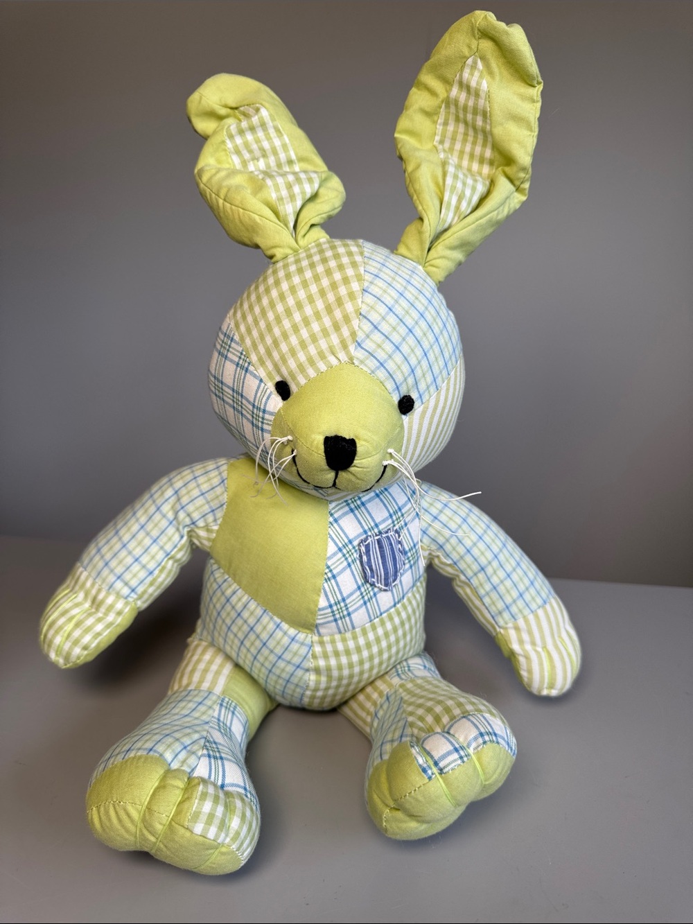 Pottery Barn Patchwork Bunny Rabbit Blue Green Cotton 16" Kids Stuffed Animal